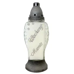 236-znicz srebrny z białą farbą i napisem Kochanej mamie przód 1 sztuka