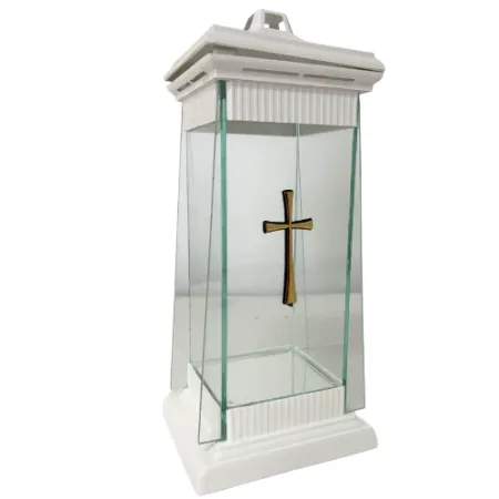 2166-znicz kapliczka biała ze złotym krzyżem prawy bok 1 sztuka