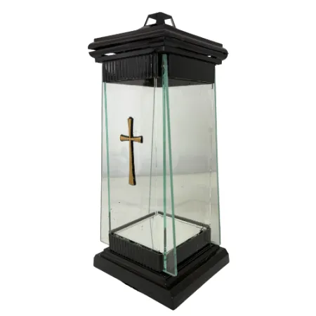 2166-znicz kapliczka czarna ze złotym krzyżem lewy bok 1 sztuka