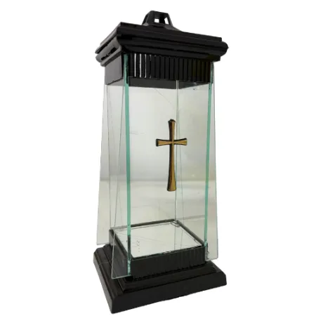 2166-znicz kapliczka czarna ze złotym krzyżem  prawy bok 1 sztuka