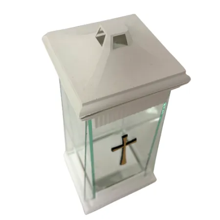 2166-znicz kapliczka biała ze złotym krzyżem od góry 1 sztuka